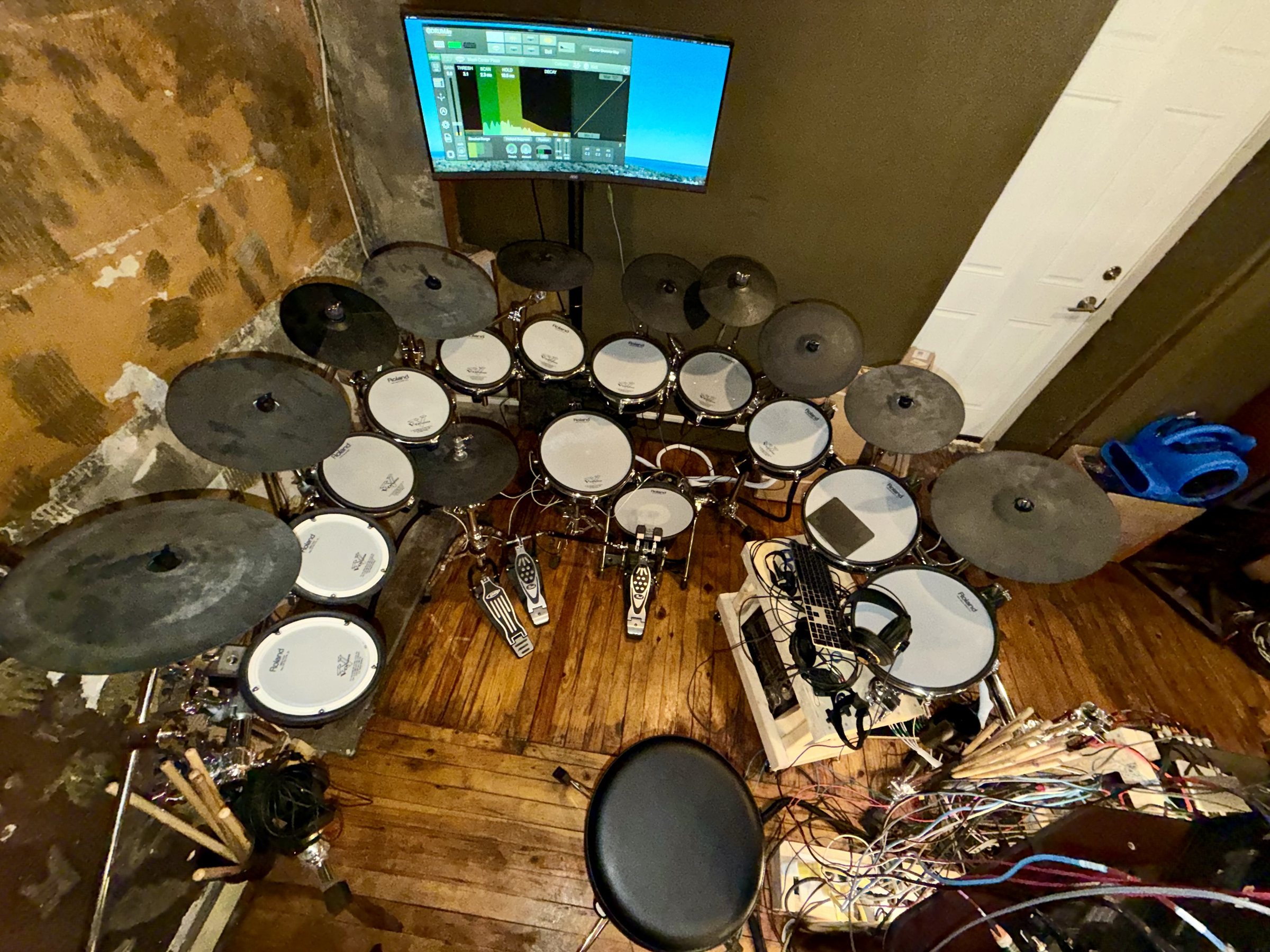 Drum kit and electronic percussion setup in Audiomind studio